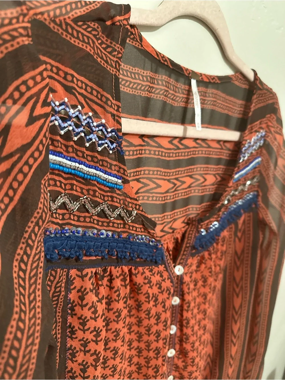 Free People Rust and Navy Patterned Long-Sleeve Tunic